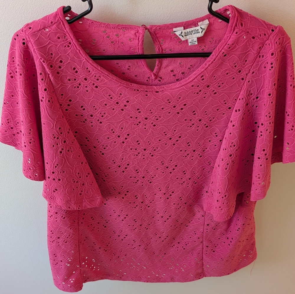 Nanette Lepore hot pink eyelet short sleeve top. Size medium.